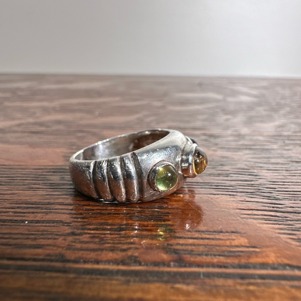 Vintage 925 Silver Multi Gemstone Cabochon Boho Statement Ring Size 5 - Picture 2 of 8